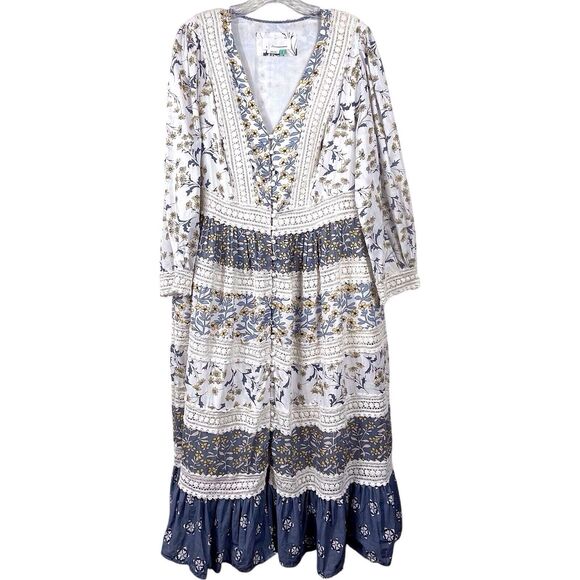 Anthropologie Blue and Cream Floral Midi Dress - Picture 2 of 16